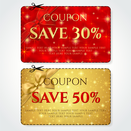 Discount Coupon, Voucher vector. Golden stars layout template with red holiday bow,  Abstract Christmas starry background. Save money tag 15 off, 50 off. Promo voucher design, Gift cardのイラスト素材