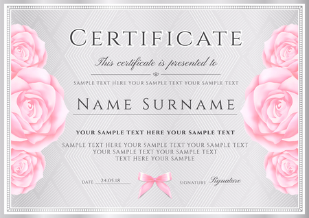 Certificate vector template. Silver triangle pattern background with border frame and rose flowers for Diploma, certificate of appreciation, excellence, attendance or invitation designのイラスト素材