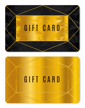 Gold gift card design. Discount card with golden and black marble pattern and geometric lines (triangle shapes). Background for gift voucher, coupon template, invitation, ticket. Vector mockupのイラスト素材