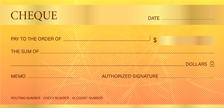 Cheque, Check (Chequebook template). Guilloche pattern with abstract line watermark. Gold background hi detailed for banknote, money design,currency, bank note, Voucher, Gift certificate, Money couponのイラスト素材