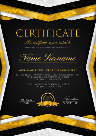Certificate template with geometry frame and gold badge. Black background design for Diploma, certificate of appreciation, achievement, completion, of excellence, awardのイラスト素材
