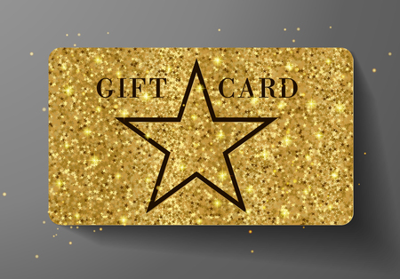 Gift card (VIP or discount). Holiday reward with big star shape and golden glitter pattern. Gold background useful for Gift coupon design, voucher template design, invitation, ticket. Vectorのイラスト素材