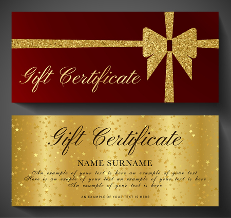 Gift Certificate, Golden ticket, Gift Voucher with sparkle starry glitter background and gold bow (ribbon). Blank coupon  template useful for invitation, party, event or entertainment showのイラスト素材