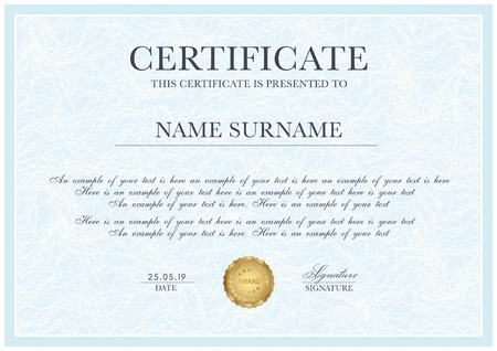 Certificate template with Guilloche pattern,  frame border and gold award. Blue background design for Diploma, certificate of appreciation, achievement, completion, of excellenceのイラスト素材