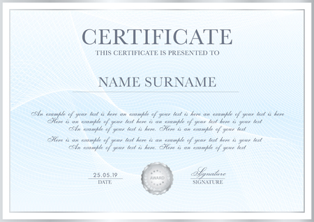 Certificate template with Guilloche pattern, silver frame border and gold award. Blue background design for Diploma, certificate of appreciation, achievement, completion, of excellenceのイラスト素材