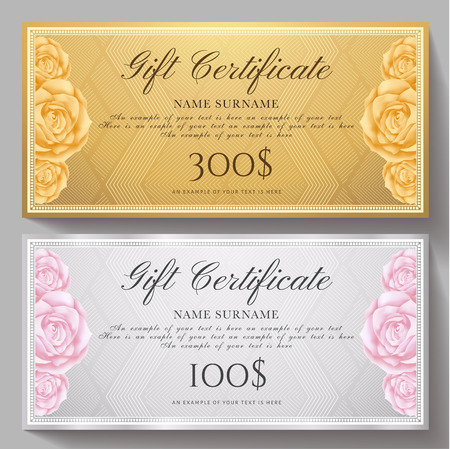Gift certificate, Voucher, Coupon template with flowers Roses and gold, silver pattern background. Useful for ticket, invitation, mothers Day, Gift cardのイラスト素材
