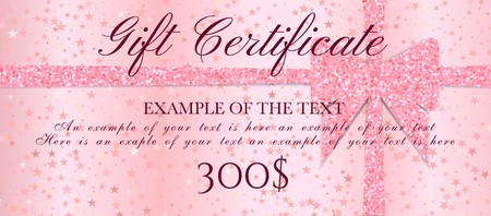 Gift Certificate, ticket, Gift Voucher with sparkle starry glitter background and pink bow (ribbon). Blank coupon  template useful for invitation, party, event or entertainment showのイラスト素材