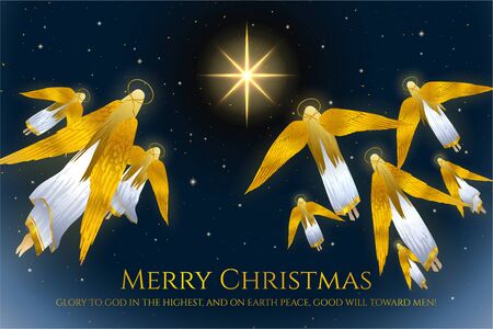 Christmas holiday background with angels. Holy night vector illustration. Night sky with Christmas star and starry sky (angels flight)のイラスト素材