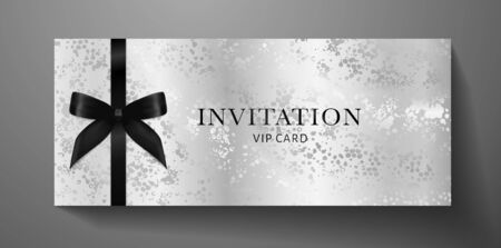 Luxurious VIP Invitation template with black bow, ribbon on silver textured background. Premium class design for Gift certificate, Voucher, Gift cardのイラスト素材