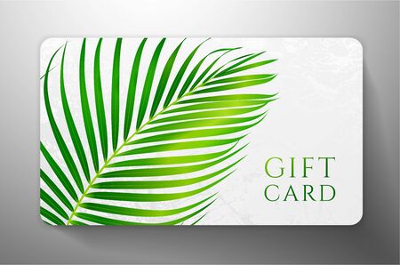 Gift card with beautiful realistic palm branch  isolated on white background. Template useful for wedding design, women shopping card (loyalty card)