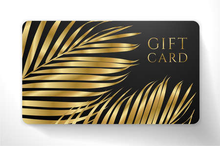 Gift Card with exotic gold luxe palm branch isolated on black background. Tropical premium template useful for vip invitation, golden coupon designのイラスト素材