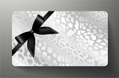 Gift card with silver leopard print on grey background and bow (ribbon). Royal template useful for any luxe design, premium shopping card (loyalty card), voucher or gift couponのイラスト素材