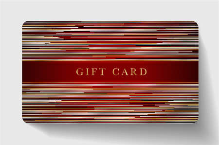 Gift card with horizontal gold, black, silver glitch lines on maroon background. Dark red royal template useful for any invitation design, premium shopping card (loyalty card), voucher or gift couponのイラスト素材