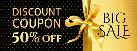 Discount coupon with Gold big bow (ribbon) and sale text: 50% off on black and golden background with stars. Template useful for any promotion design, shopping  sale card, voucher or gift cardのイラスト素材
