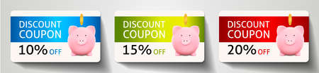 Discount coupon with Piggy bank, gold coin and sale text: 10%, 15%, 20% off on blue, green and red background. Template useful for any promotion design, shopping card (loyalty card), voucher or gift cのイラスト素材