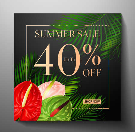 Discount banner with tropical flower bouquet - Anthurium andraeanum and green palm branch and sale text: up to 40% off on black background. Exotic template useful for any promotion web design, weddingのイラスト素材
