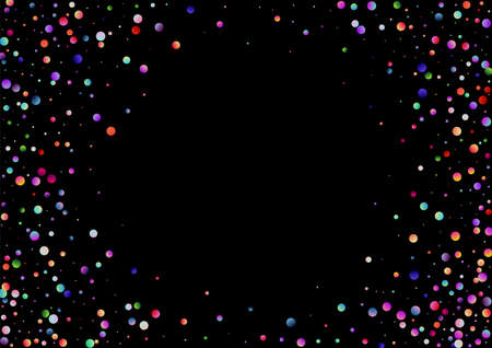 Colorful pattern with glowing circular dots (confetti). Rainbow twinkle circles on black background. Multi colored texture useful for holiday backdrop (night disco party). Blank horizontal templateの写真素材