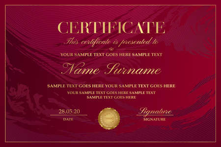 Certificate template with abstract maroon liquid background (marble). Gold design with lines (guilloche pattern) useful for Diploma, certificate of appreciation, achievement and any awardのイラスト素材