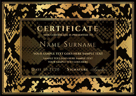 Certificate template with animal print (snake skin) border. Stylish frame pattern for creative modern people. Fashionable Premium vector design in black and gold colorのイラスト素材