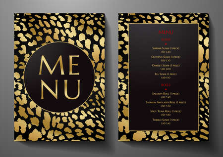 Design Restaurant Menu template with animal print (leopard). Luxe black and gold frame pattern (border). Elegant cover useful for Creative Cafe Menu, brochure, coffee house, wedding invitation designのイラスト素材