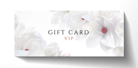 Gift card design for VIP invite. Romantic white background with fresh magnolia flowers. Beautiful vector template useful for wedding, anniversary invitationのイラスト素材