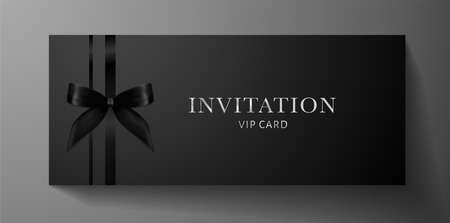 Luxurious VIP Invitation template with bow, ribbon on black background and silver text. Premium class design for Gift certificate, Voucher, Gift cardのイラスト素材