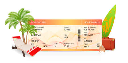 Boarding pass (ticket, traveler check template) creative concept. Travel vector background with airplane ticket, palm tree, luggage, surfboard shell. Summer vacation on aircraft (plane)のイラスト素材