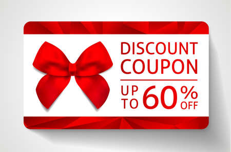Discount coupon with frame, red bow and sale text:  up to 60% off on white background. Template useful for season promotion, holiday shoppingのイラスト素材