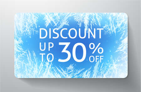 Discount coupon with frost pattern background. Frozen ice crystals with snowflakes and sale text: up to 30% off. Winter vector design template useful for gift card, shopping card (loyalty card), promoのイラスト素材