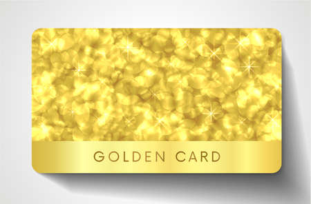 Golden card luxurious design. Holiday premium background with gold circles (sparkles bokeh pattern). Blank luxe template useful for Gift Certificate, Voucher, coupon designのイラスト素材