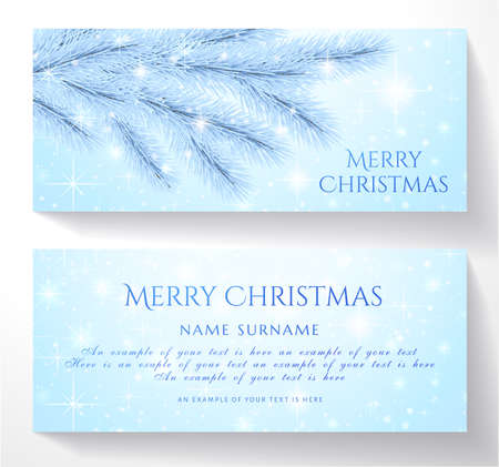 Christmas greeting card with snowy frozen tree, snowflakes, and Christmas Star on blue background. Holiday double sided card useful for gift certificate, Gift voucherのイラスト素材