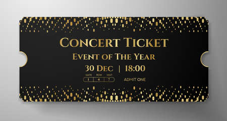 Premium black and gold ticket template design. Shimmery luxury background with abstract golden dots pattern. Useful for VIP invite, any festival, party, theater, event or entertainment showのイラスト素材