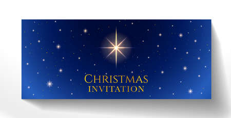 Christmas Invitation (Merry Christmas holiday invite). Holy night vector illustration. Night sky with Christmas star and starry dark blue skyのイラスト素材