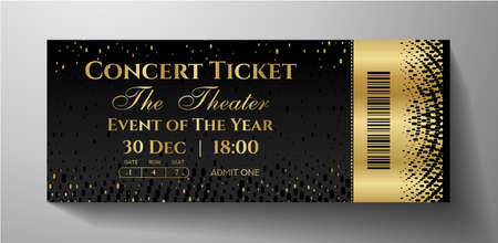 Premium black and gold ticket template design. Shimmery luxury background with abstract golden dots pattern.のイラスト素材