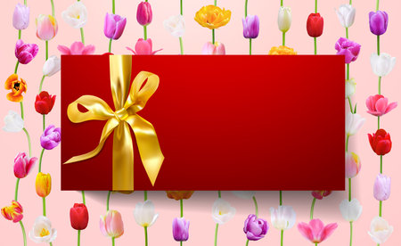 Blank white gift card with red ribbon on floral background (tulip flowers in vertical lines). Holiday romantic backdrop design of Gift Certificate, Voucher, Birthday, 8 March International womenâs dayの写真素材