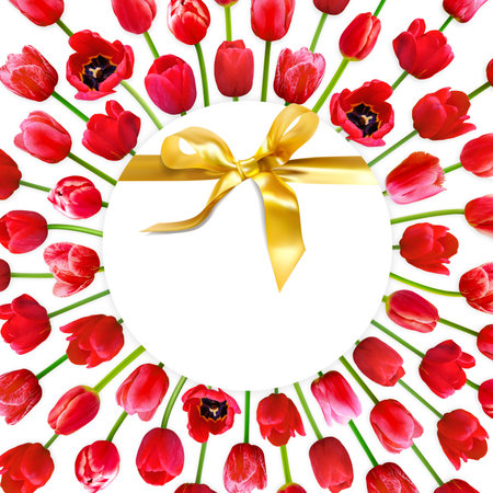 Holiday round banner with gold ribbon, red tulip flowers on background. Gift card with blank white circle clear place. Backdrop design for Gift Certificate, Valentineâs day, Birthday, 8 Marchの写真素材