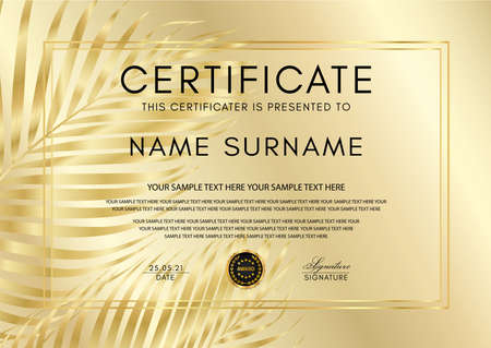Certificate with gold palm leaf (branch) on golden background and golden black medal. Luxury exotic design layout template useful for diploma, gift certificateのイラスト素材