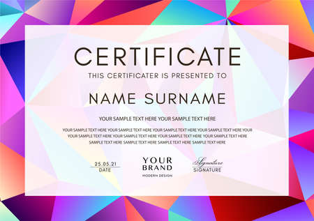 Certificate template with geometry polygon pattern (triangle texture) frame on background. Design for Diploma, certificate of appreciation or awardのイラスト素材