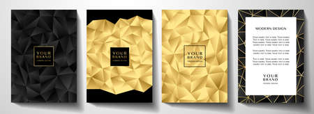 Modern premium black and gold cover design set. Luxury polygon pattern (triangle texture) background useful for notebook cover, business poster, luxury brochure templateのイラスト素材