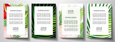 Tropical holiday frame design set with asian flower bouquet and green palm branch. Exotic background...