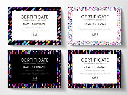 Modern colorful certificate frame design set with circular dots and vertical rainbow lines. Creative multi colored pattern on black and white background for diploma template, party poster, menuのイラスト素材