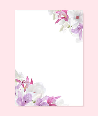 Love letter blank template with magnolia, orchid flower on background. Beautiful vector design a4 format useful for wedding invitation, romantic noteのイラスト素材