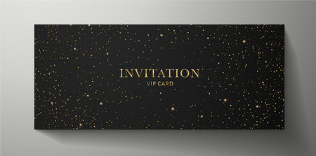 Elegant black Invitation template with gold twinkle stars pattern on background. Premium vector design for Gift certificate, Voucher, Gift cardのイラスト素材