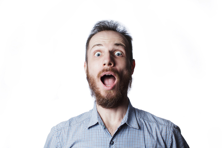 expression and people concept - man with funny face over white backgroundの写真素材