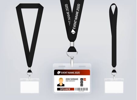 Lanyard design, realistic illustration. Identification card with ribbon. Metal closure and card with...