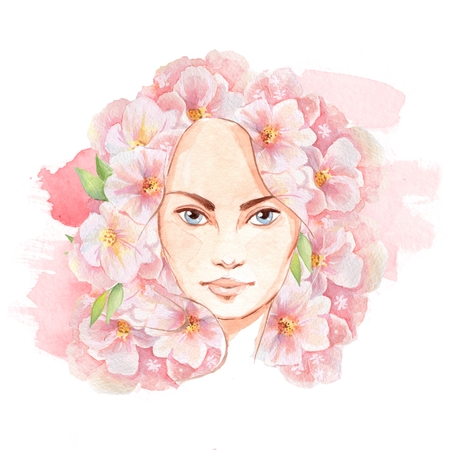 Face of spring. Beautiful woman face and flowers. Hand-drawn watercolor illustration.の写真素材