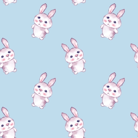 Background with rabbit. Seamless pattern with cartoon animals. Watercolor paintingの写真素材