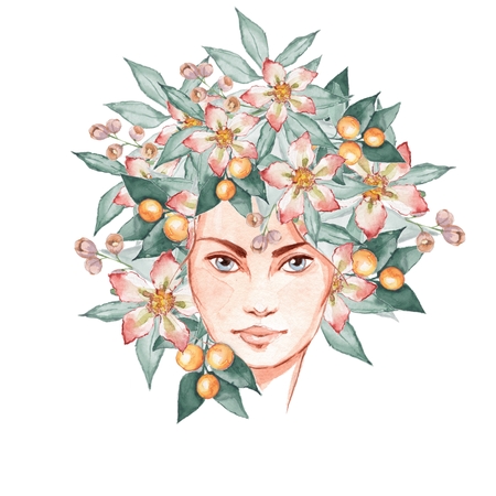 Face of Summer. Beautiful female face and flowers. Hand-drawn watercolor illustrationの写真素材