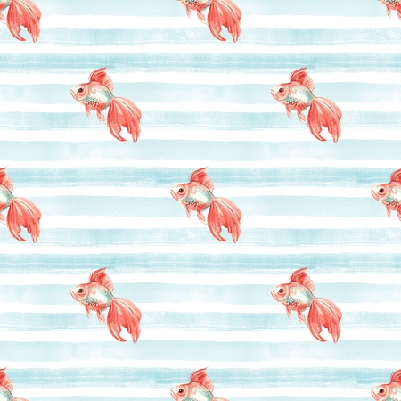 Watercolor stripes. Seamless pattern with fishの写真素材