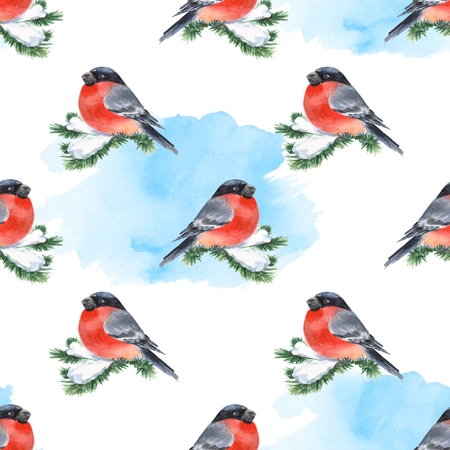 Bullfinch and snow. Seamless background with bird on branch. Watercolor patternの写真素材
